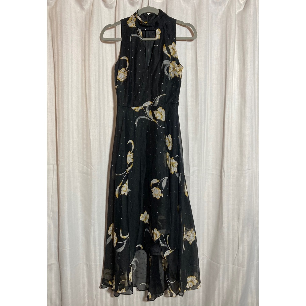 White House Black Market Black Floral Metallic Clip Dot High Low Midi Dress 0